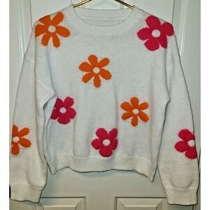 Women's White Pink Orange Floral Knit Pullover Sweater Size M Whimsy Fun